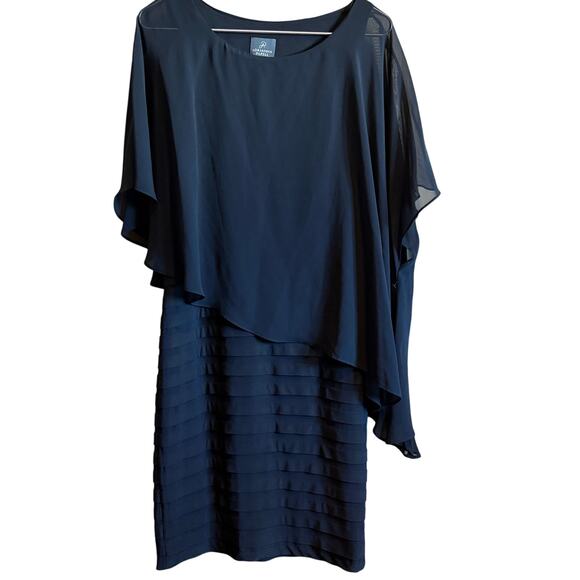 ADRIANNA PAPELL Size 6 Black Chiffon Drape Overlay Banded Abv. Knee Dress - Picture 1 of 5